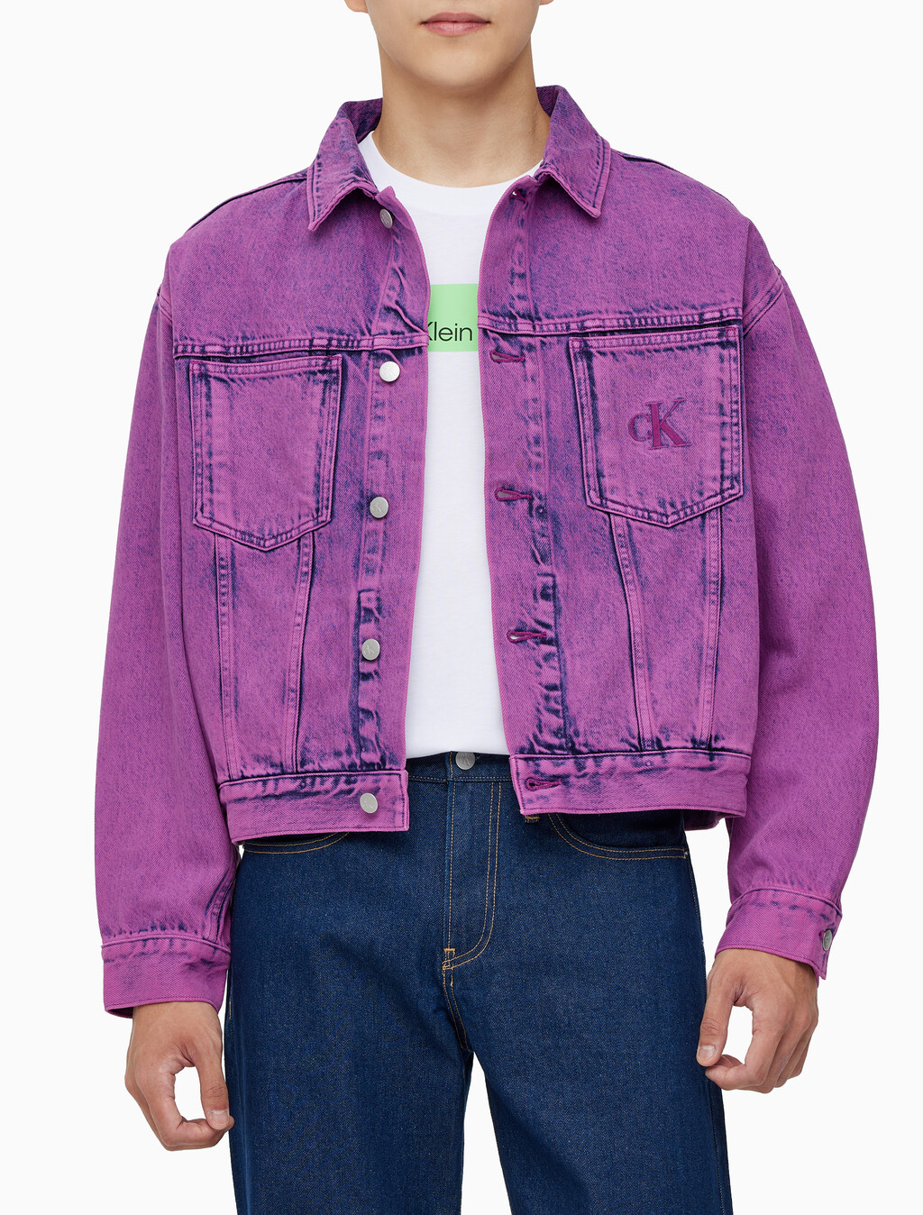 Buy 남성 박시 데님 자켓 in color MID BLUE BACK EMBRO