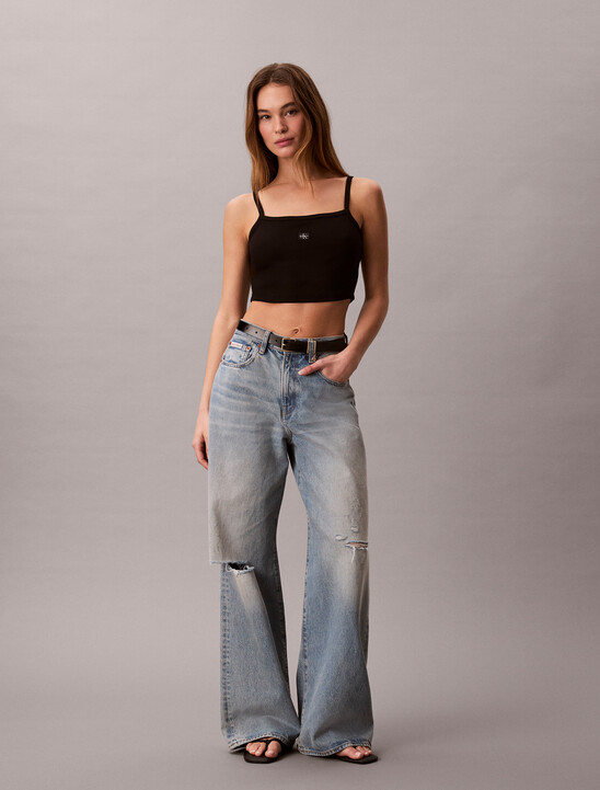 여성 우븐라벨 베이비립 크롭 탱크