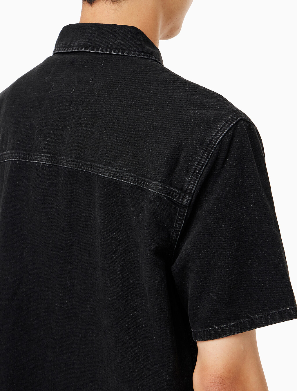 Buy 남성 데님 캠프 반팔 셔츠 in color WASHED BLACK LOGO LACE