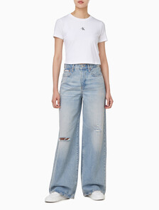 Buy 여성 와이드 레그핏 미드 미드 블루 데님 in color MID BLUE