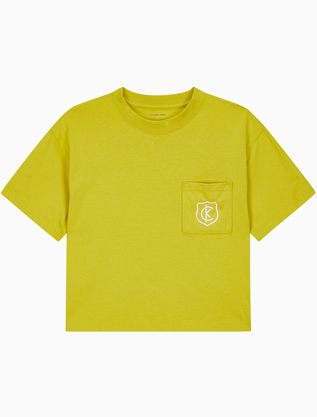 Buy 여성 박시 CK 크레스트 크롭 포켓 반팔 티셔츠 in color WARM OLIVE