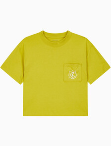 Buy 여성 박시 CK 크레스트 크롭 포켓 반팔 티셔츠 in color WARM OLIVE
