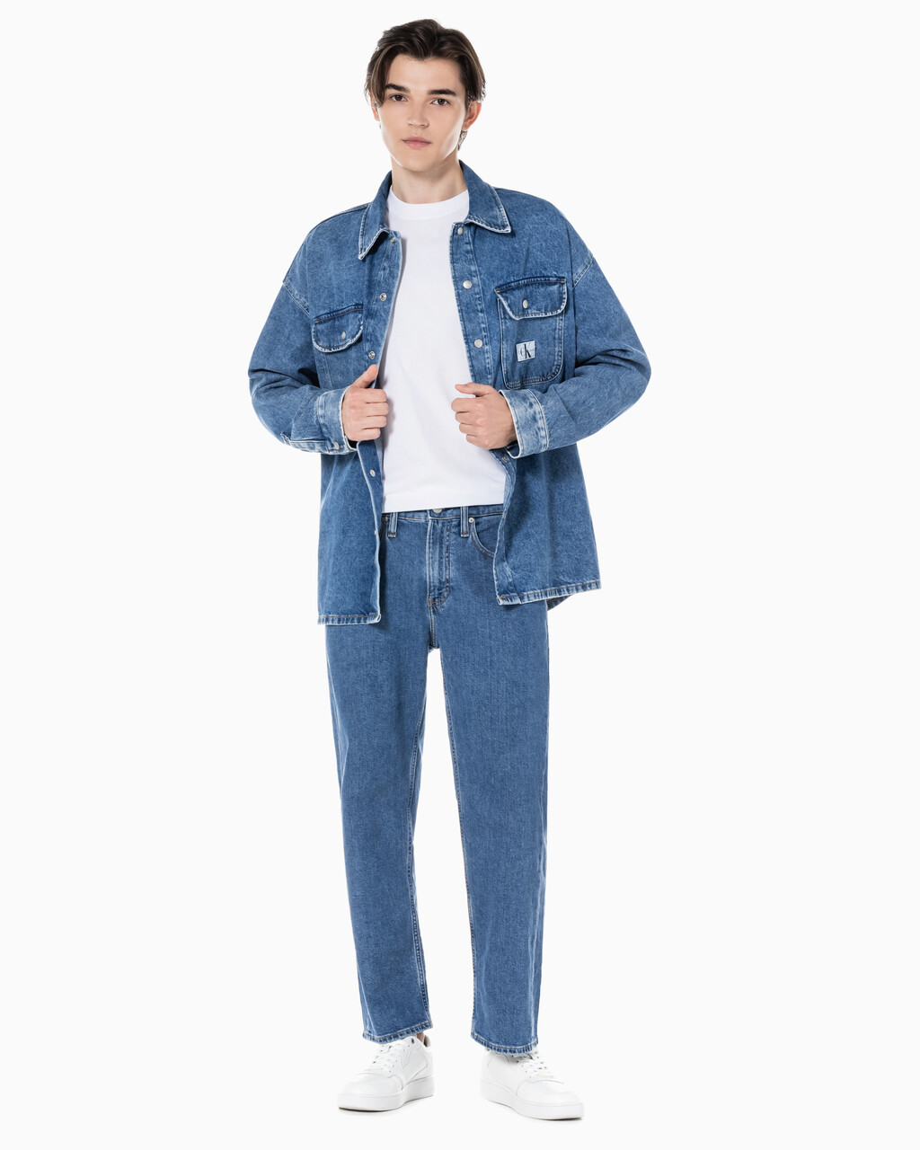 Buy 남성 90'S 스트레이트핏 크롭 데님 in color MID BLUE BACK EMBRO