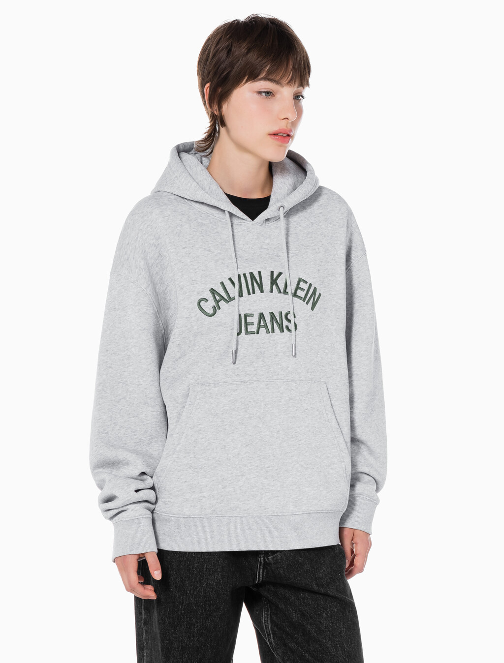 Buy 남녀공용 커브드로고 후디 in color LIGHT GREY HEATHER