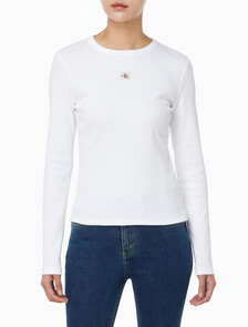 Buy 여성 우븐라벨 크루넥 롱슬리브 탑 in color BRILLIANT WHITE