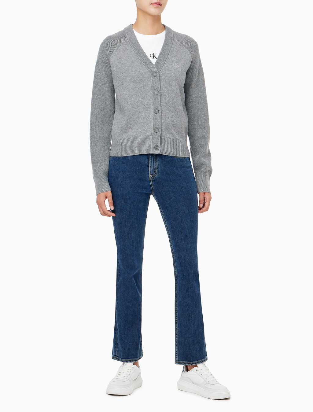 Buy 여성 브이넥 립 가디건 in color GREY