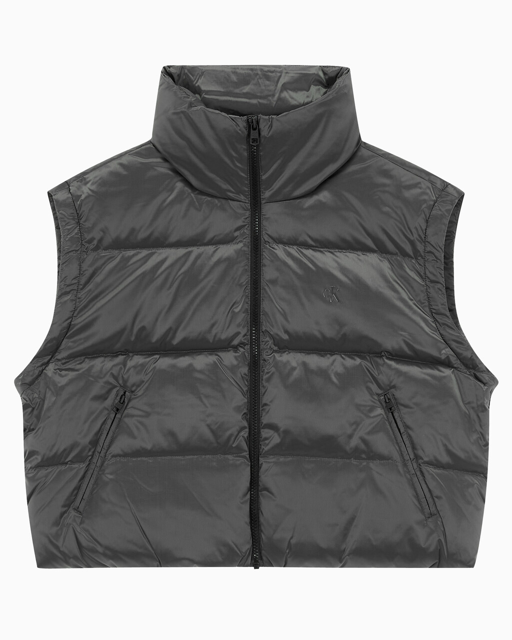 Buy 여성 투톤 글로시 디터쳐블 크롭 다운 in color GREY
