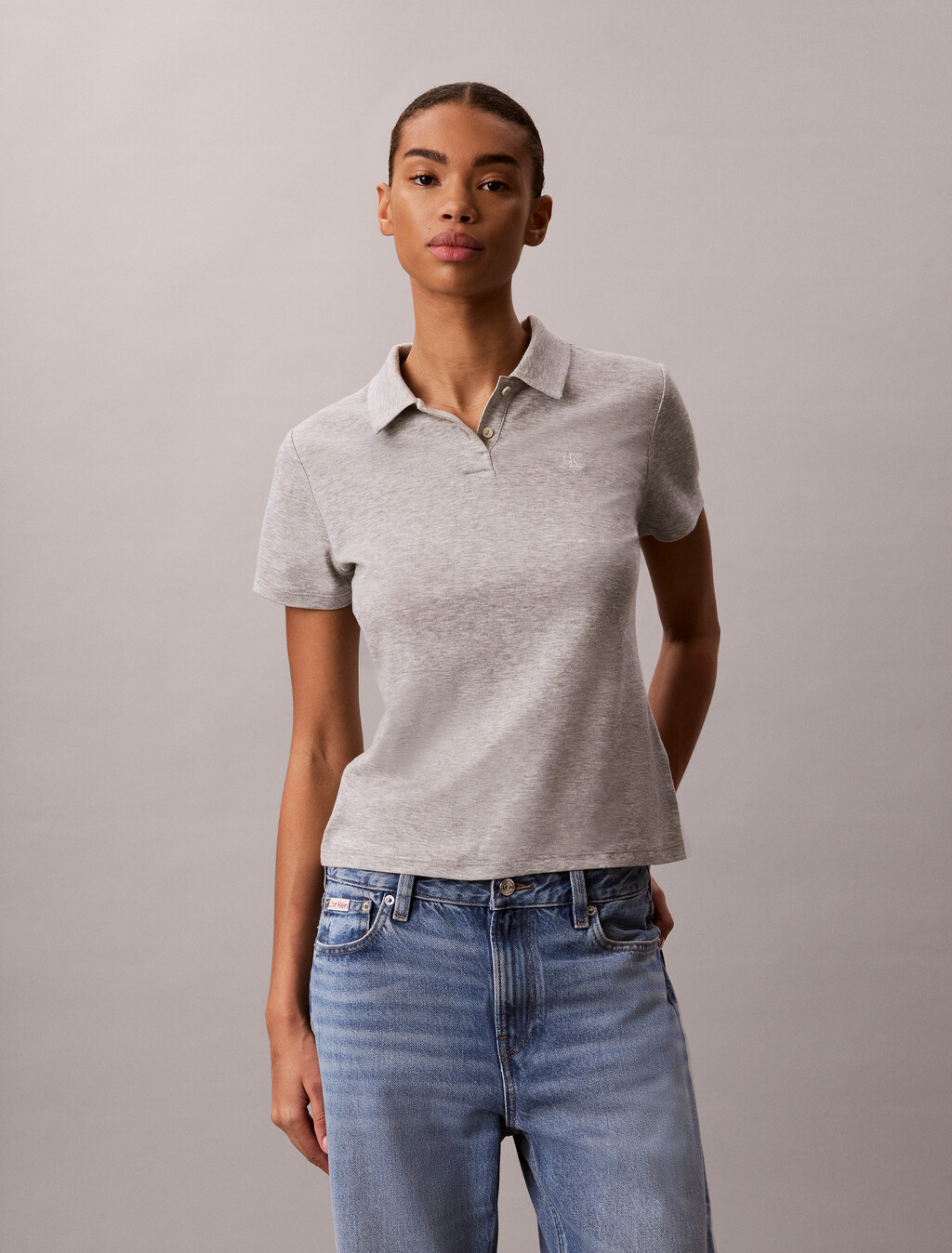 Buy 여성 드레이피 피케 폴로 in color GREY HEATHER