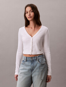 Buy 여성 우븐라벨 베이비립 가디건 in color BRIGHT WHITE