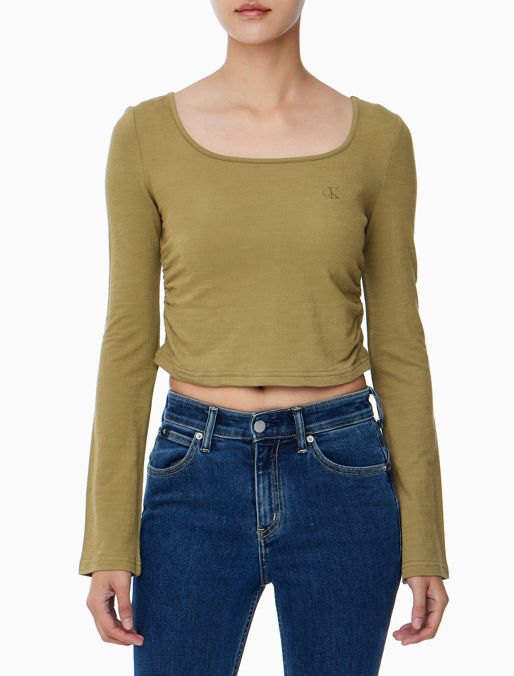 Buy 여성 텍스쳐 게더 베이비 롱슬리브 티 in color OLIVE