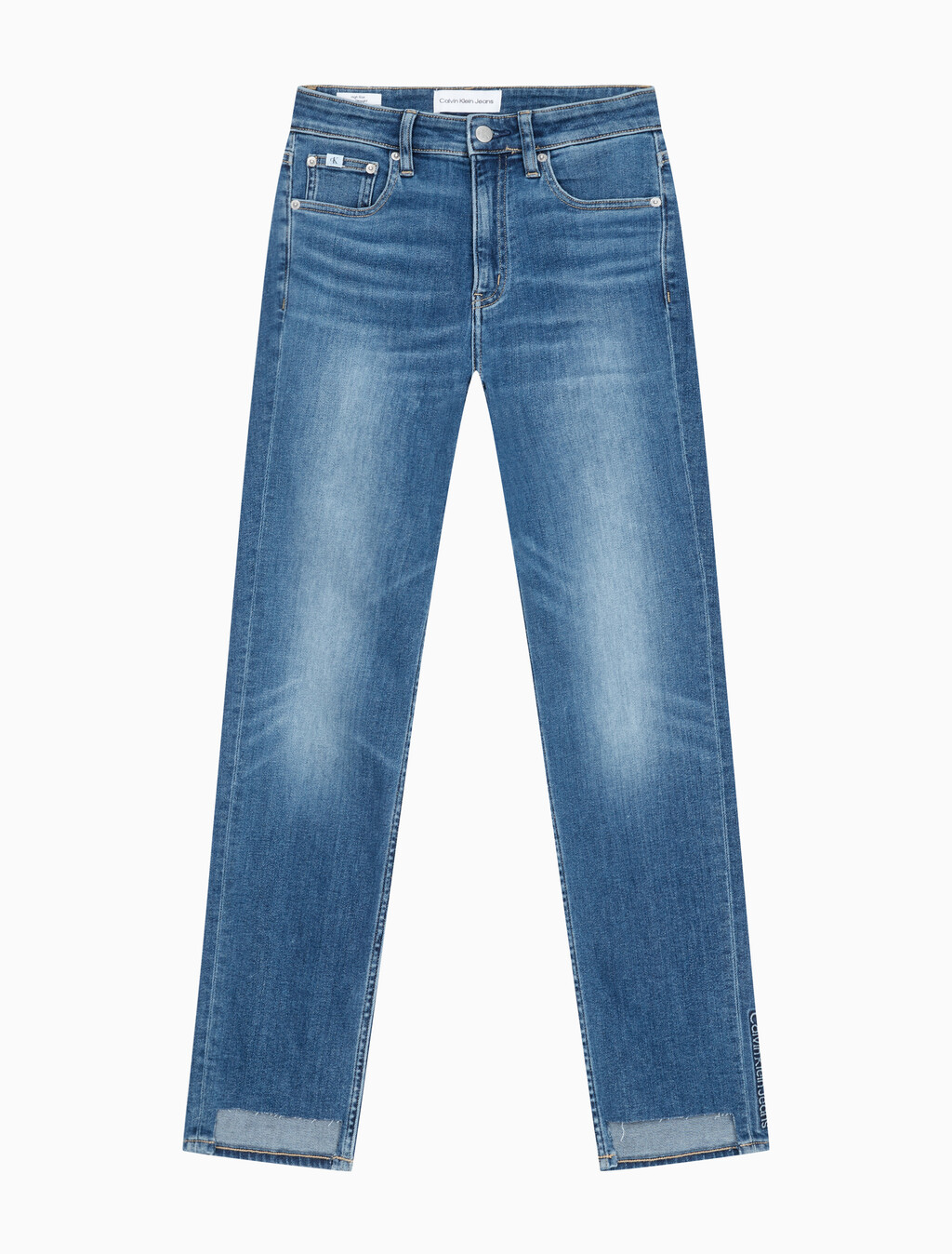 Buy 여성 하이라이즈 슬림 스트레이트핏 다크블루 데님 in color MID BLUE BACK EMBRO