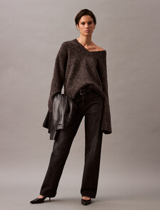 Buy 여성 텍스처드 멜란지 울 브이넥 스웨터 in color BROWN