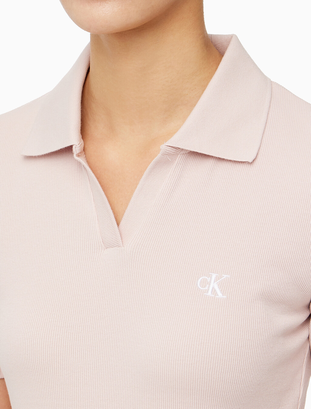 Buy 여성 슬림핏 립 브이넥 폴로 티셔츠 in color PINK