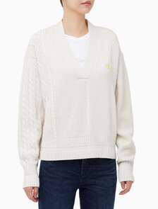 Buy 여성 케이블 인터레스트 브이넥 풀오버 울 스웨터 in color BLUR FLORAL_BLACK