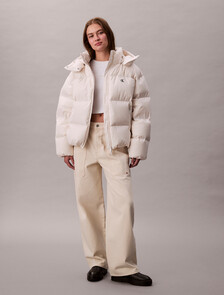 Buy 여성 미드 랭스 후드 다운 in color Ivory