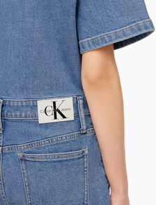 Buy 여성 미드블루 데님 숏 오버롤 in color MID BLUE BACK EMBRO