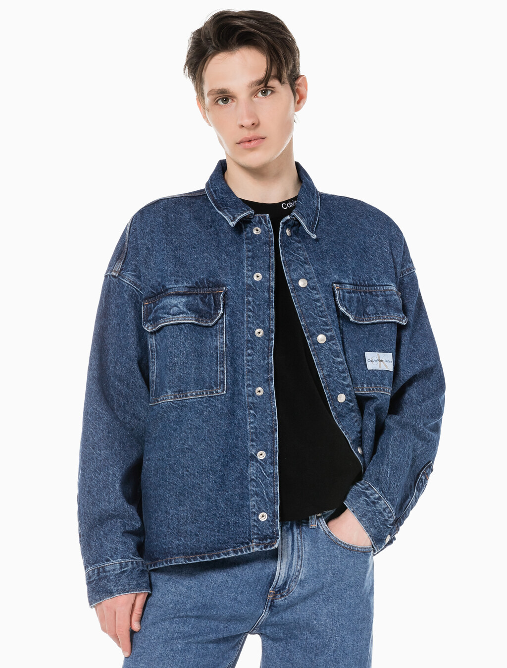 Buy 남성 루즈핏 박시 유틸리티 데님 셔츠 in color BLUE BLACK HANGER LOOP