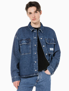 Buy 남성 루즈핏 박시 유틸리티 데님 셔츠 in color BLUE BLACK HANGER LOOP