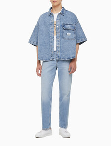 Buy 남성 오버사이즈핏 빈티지 데님 반팔 셔츠 in color MID BLUE BACK EMBRO