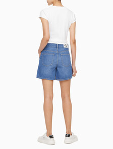 Buy 여성 하이라이즈 와이드 레그 데님 쇼츠 in color MID BLUE BACK EMBRO