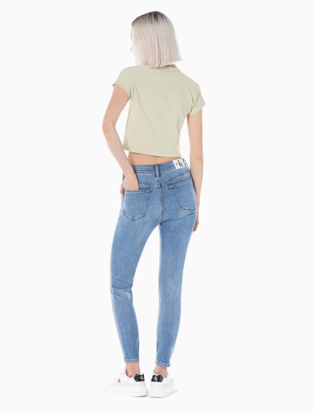 Buy 여성 하이라이즈 스키니핏 앵클 미드블루 에코 쿨 데님 in color MID BLUE BACK EMBRO
