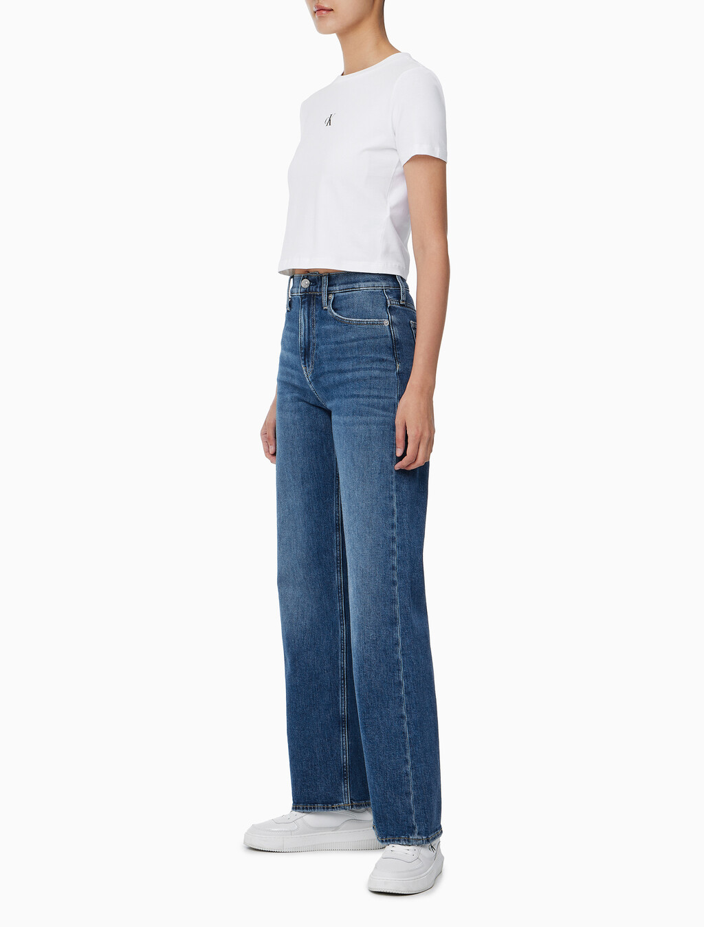 Buy 여성 하이라이즈 와이드핏 미드블루 데님 in color MID BLUE BACK EMBRO