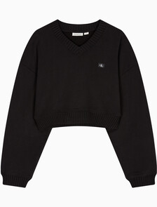 Buy 여성 우븐 라벨 브이넥 스웻셔츠 in color CK BLACK