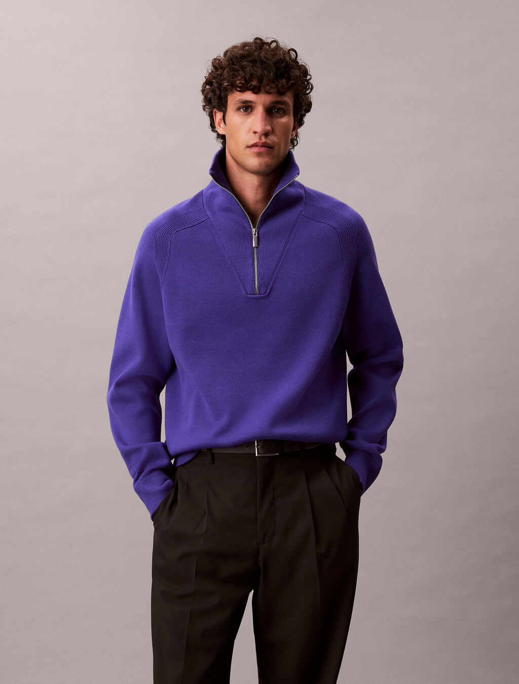 Buy 유니섹스 롱슬리브 테크 니트 쿼터 집업 스웨터 in color TENCEL RINSE BLUE