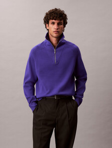 Buy 유니섹스 롱슬리브 테크 니트 쿼터 집업 스웨터 in color TENCEL RINSE BLUE