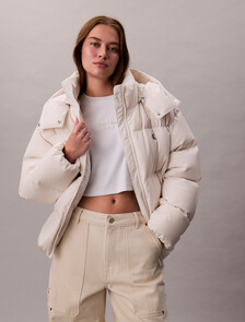 Buy 여성 미드 랭스 후드 다운 in color Ivory