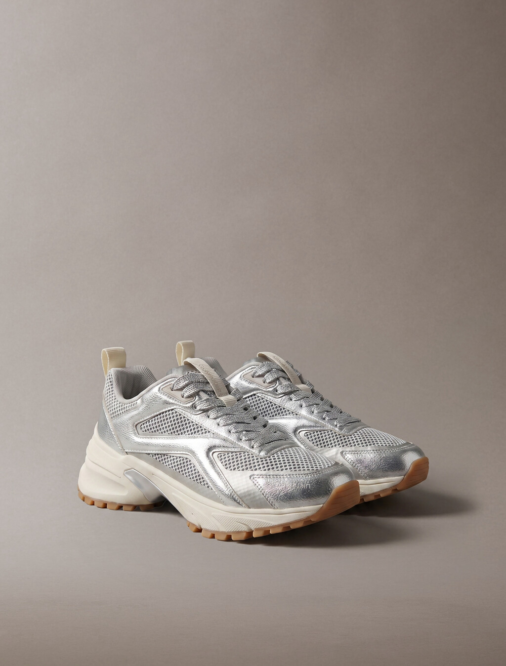 Buy 여성 하이크 러너 CK 스트라이프 메쉬 레더 메탈 스니커즈 in color Silver/Dk Ecru/Light Gum