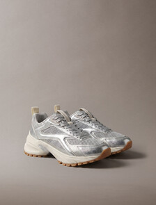 Buy 여성 하이크 러너 CK 스트라이프 메쉬 레더 메탈 스니커즈 in color Silver/Dk Ecru/Light Gum
