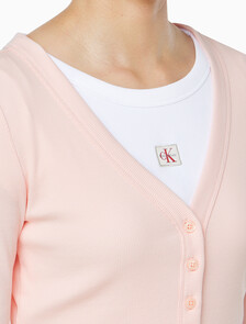 Buy 여성 롱슬리브 우븐 라벨 립 가디건 in color CLOUD PINK