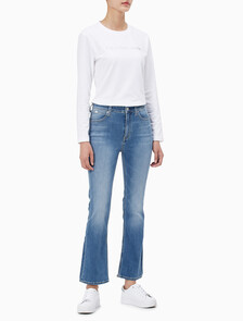Buy 여성 하이라이즈 바디 슬림핏 부츠컷 미드블루 앵클 데님 in color MID BLUE BACK EMBRO