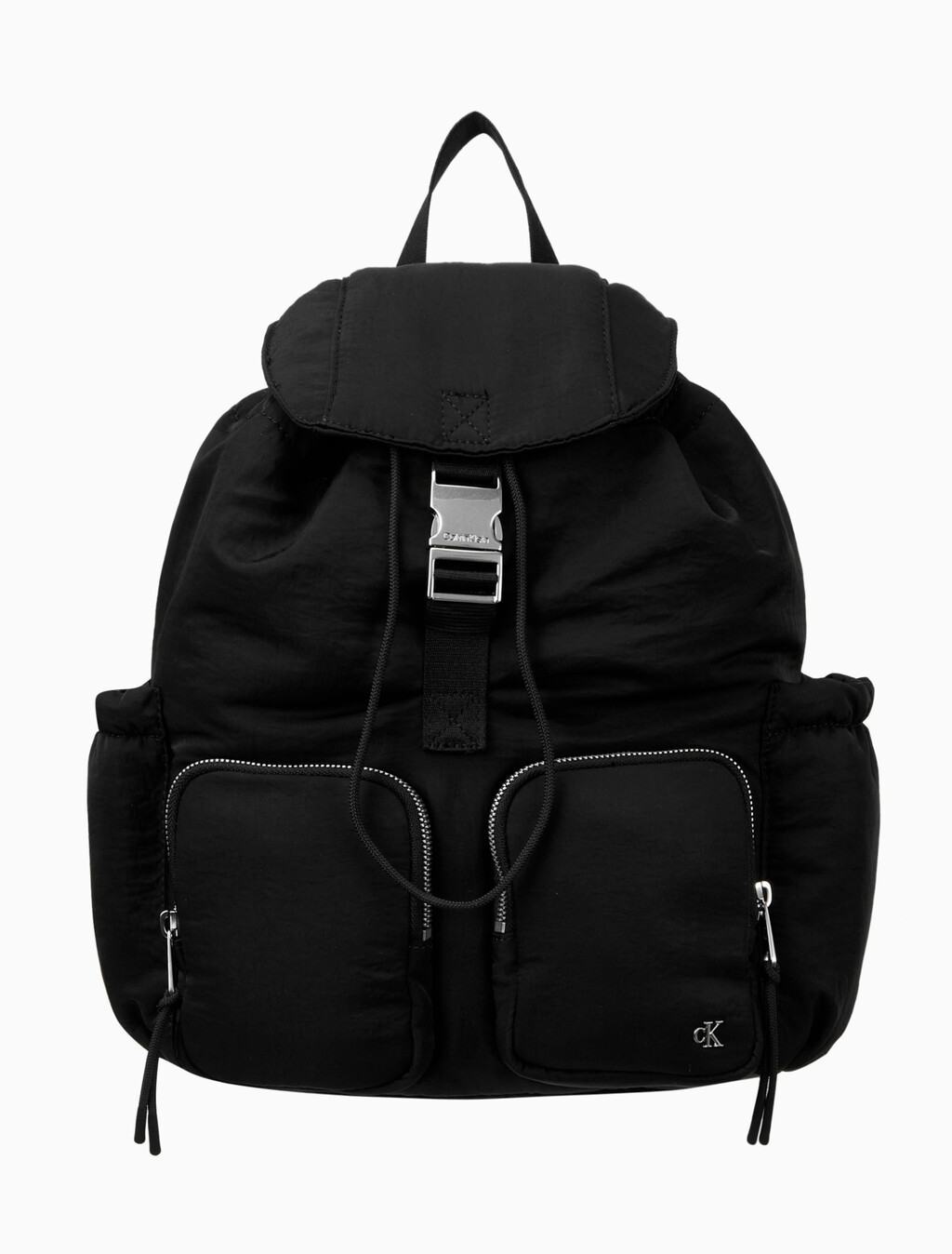 Buy 여성 사틴 나일론 플랩 백팩 in color BLACK