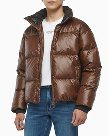 Buy 남녀공용 글로시 숏 푸퍼 in color DARK BROWN