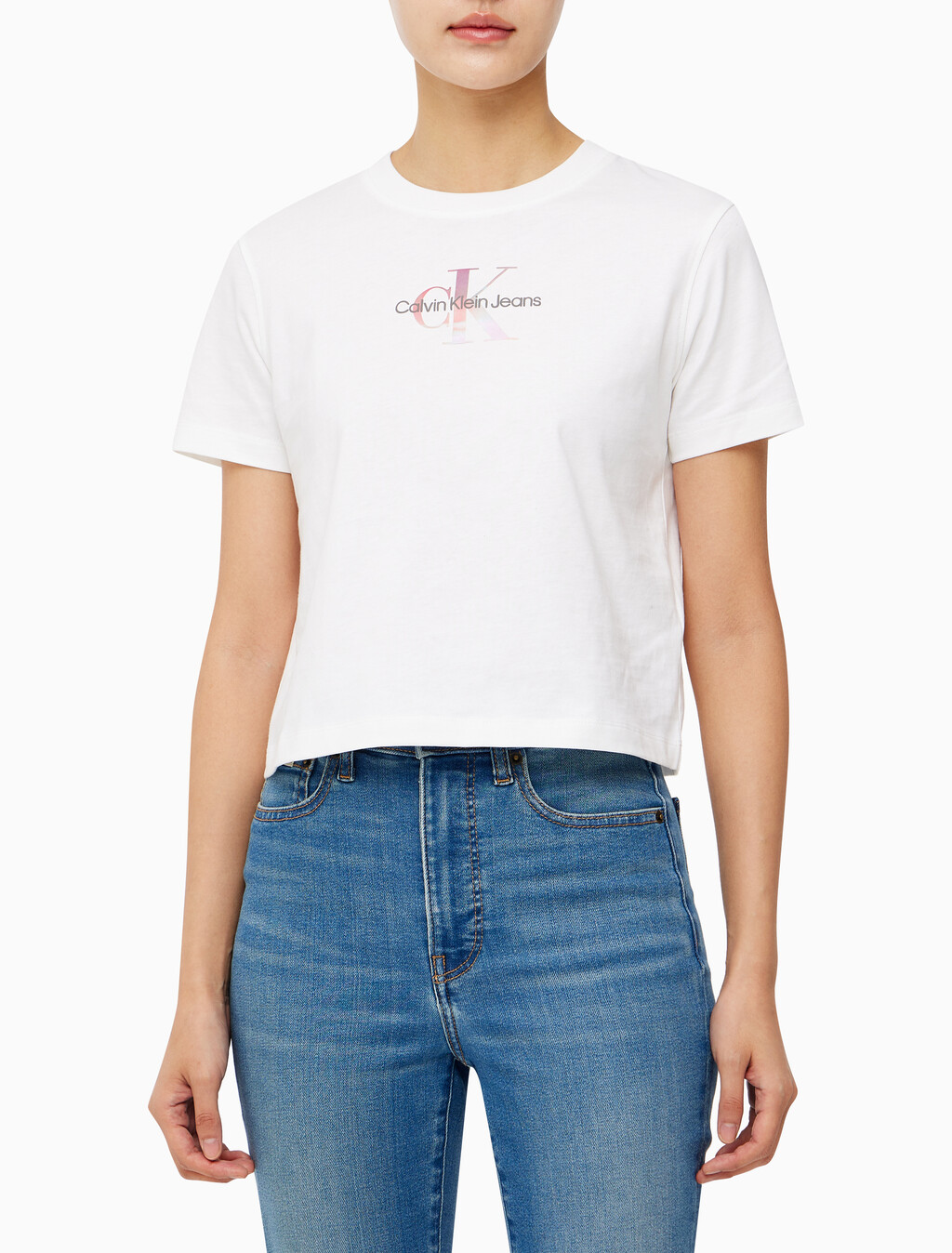Buy 여성 모노그램 로고 모던 스트레이트핏 반팔 티셔츠 in color BRIGHT WHITE